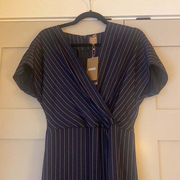 Hugo Boss size 6 draped navy with white pin-stripes dress. - Picture 5 of 5